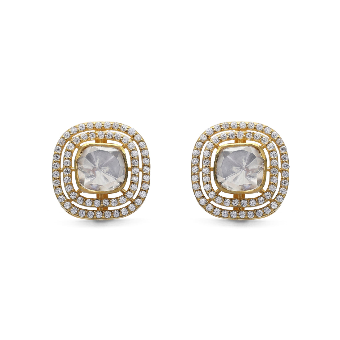 Kundan Style Cushion Moissanite & CZ Double Halo Stud Earrings in Gold Finish 925 Sterling Silver