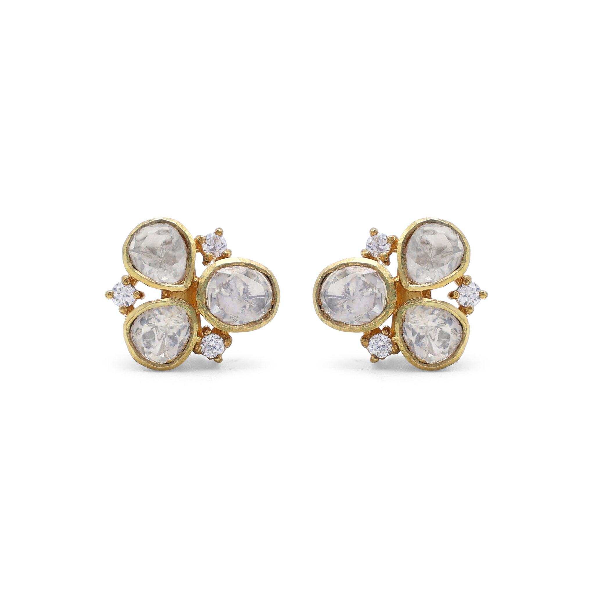 Kundan Style Moissanite Clover Cluster Stud Earrings with CZ Accents in Gold Finish 925 Sterling Silver