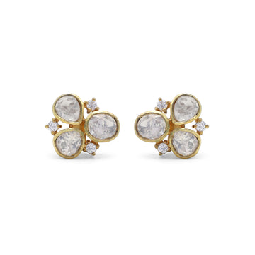 Kundan Style Moissanite Clover Cluster Stud Earrings with CZ Accents in Gold Finish 925 Sterling Silver
