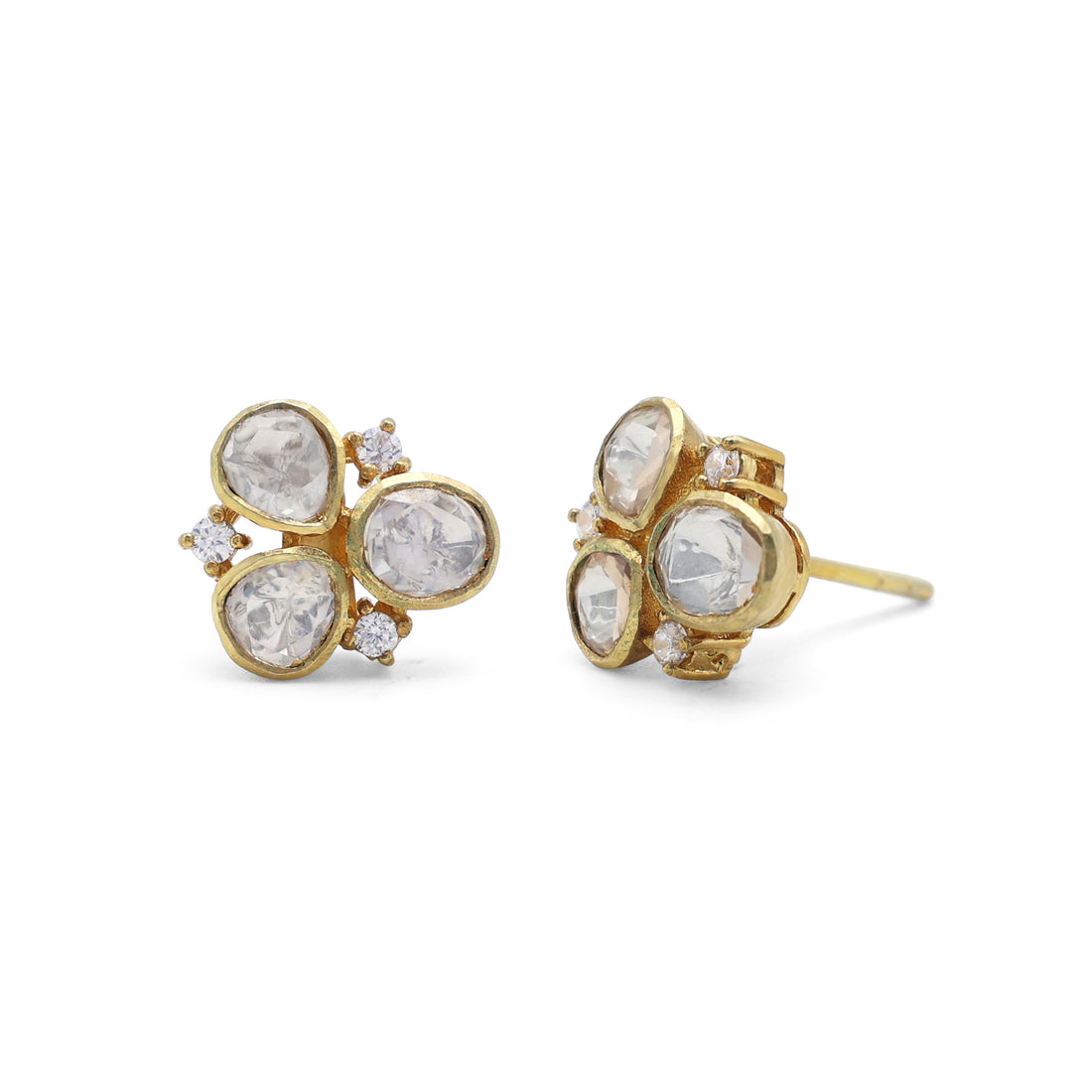 Kundan Style Moissanite Clover Cluster Stud Earrings with CZ Accents in Gold Finish 925 Sterling Silver