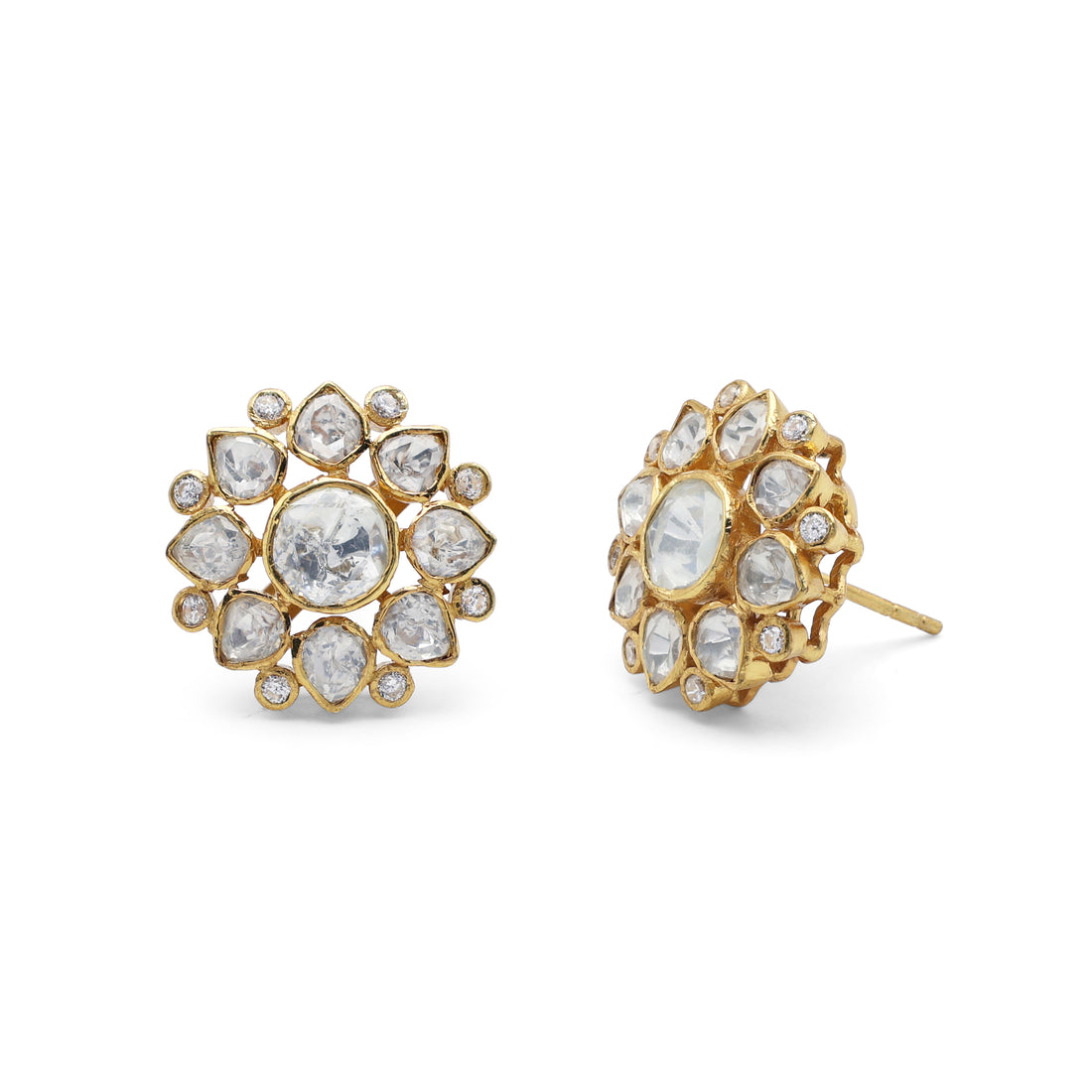 Regal Kundan Style Moissanite Floral Cluster Earrings with CZ Accents in Gold Finish 925 Sterling Silver