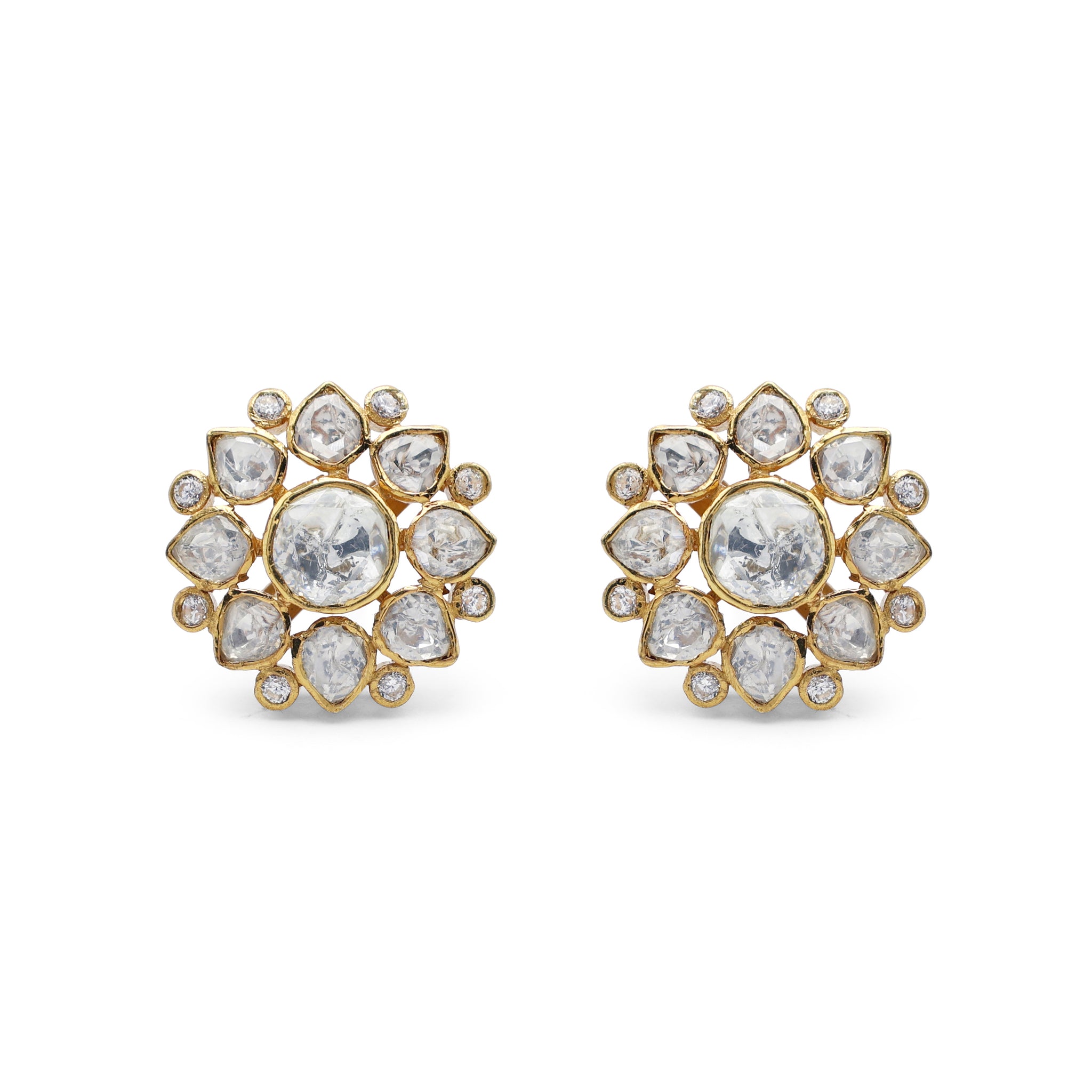 Regal Kundan Style Moissanite Floral Cluster Earrings with CZ Accents in Gold Finish 925 Sterling Silver