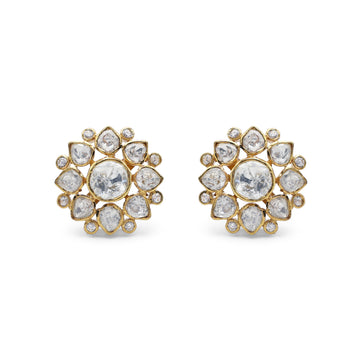 Regal Kundan Style Moissanite Floral Cluster Earrings with CZ Accents in Gold Finish 925 Sterling Silver