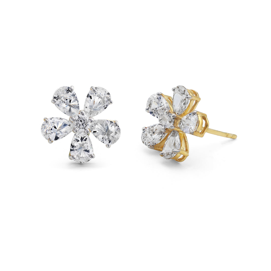 Brilliant CZ Flower Stud Earrings with Pear-Cut Petals in Two-Tone 925 Sterling Silver