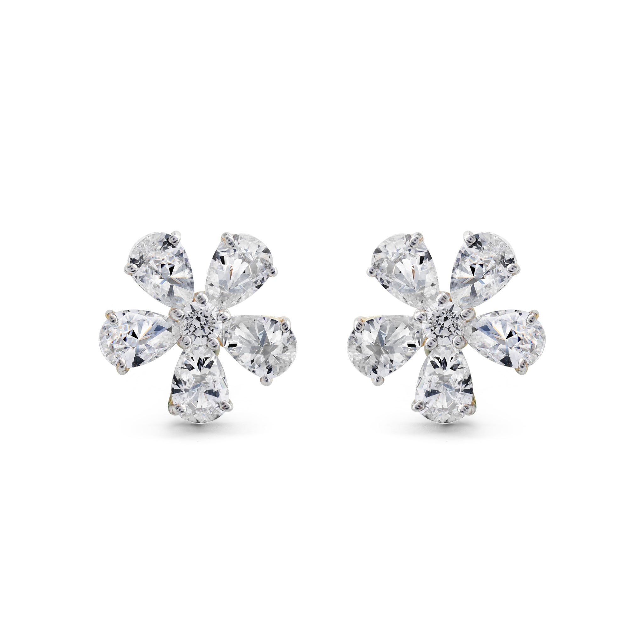 Brilliant CZ Flower Stud Earrings with Pear-Cut Petals in Two-Tone 925 Sterling Silver