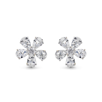 Brilliant CZ Flower Stud Earrings with Pear-Cut Petals in Two-Tone 925 Sterling Silver