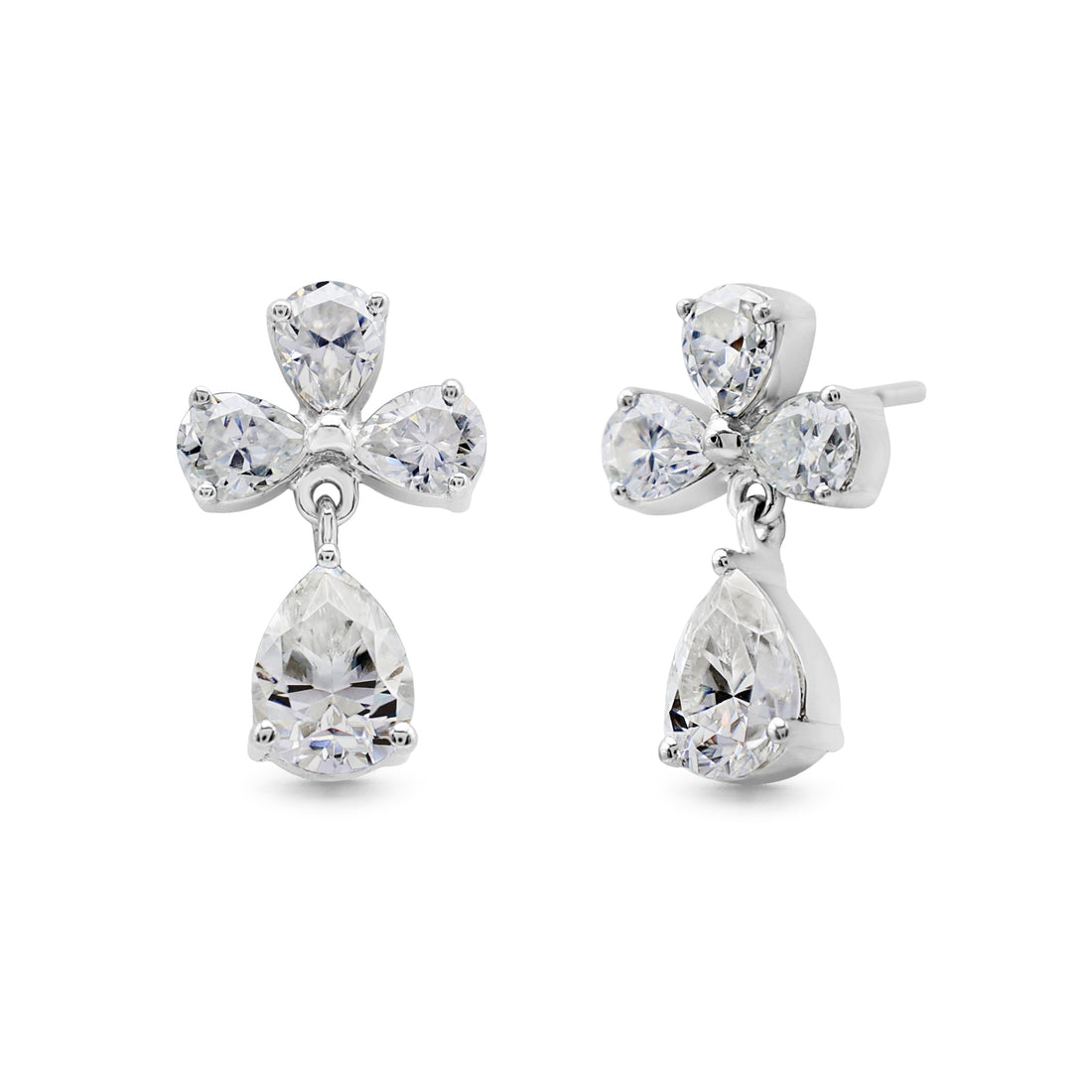 Sparkling Moissanite Clover Drop Earrings with Pear-Cut Dangle in 925 Sterling Silver