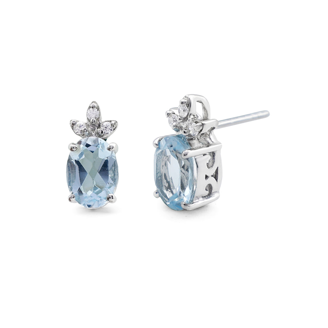 Regal Blue Topaz & CZ Crown Stud Earrings in 925 Sterling Silver