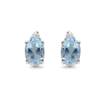 Elegant Oval Blue Topaz Stud Earrings with CZ Accent in 925 Sterling Silver