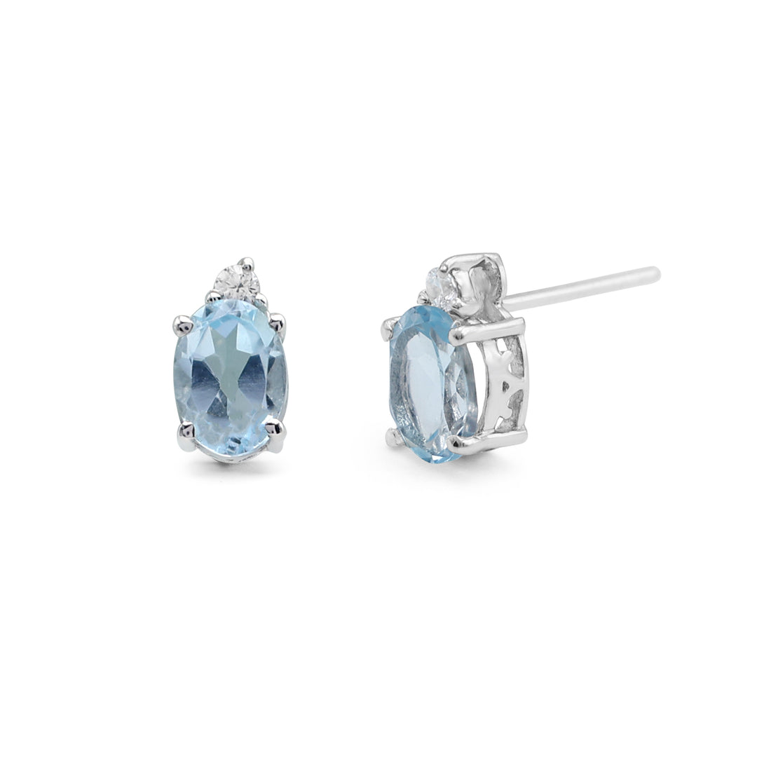 Elegant Oval Blue Topaz Stud Earrings with CZ Accent in 925 Sterling Silver