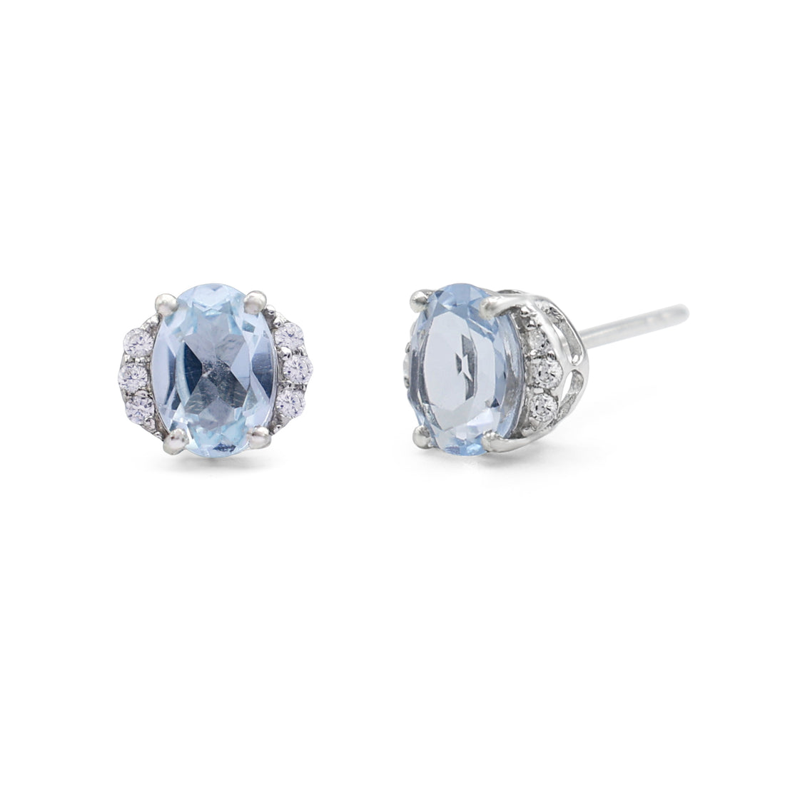 Elegant Oval Blue Topaz Stud Earrings with CZ Side Accents in 925 Sterling Silver