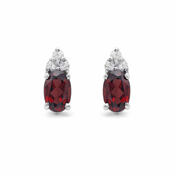 Elegant Oval Garnet Stud Earrings with CZ Cluster Accent in 925 Sterling Silver