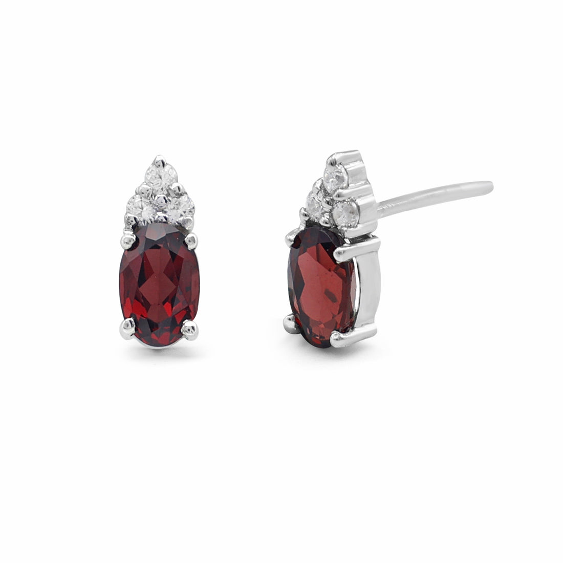 Elegant Oval Garnet Stud Earrings with CZ Cluster Accent in 925 Sterling Silver