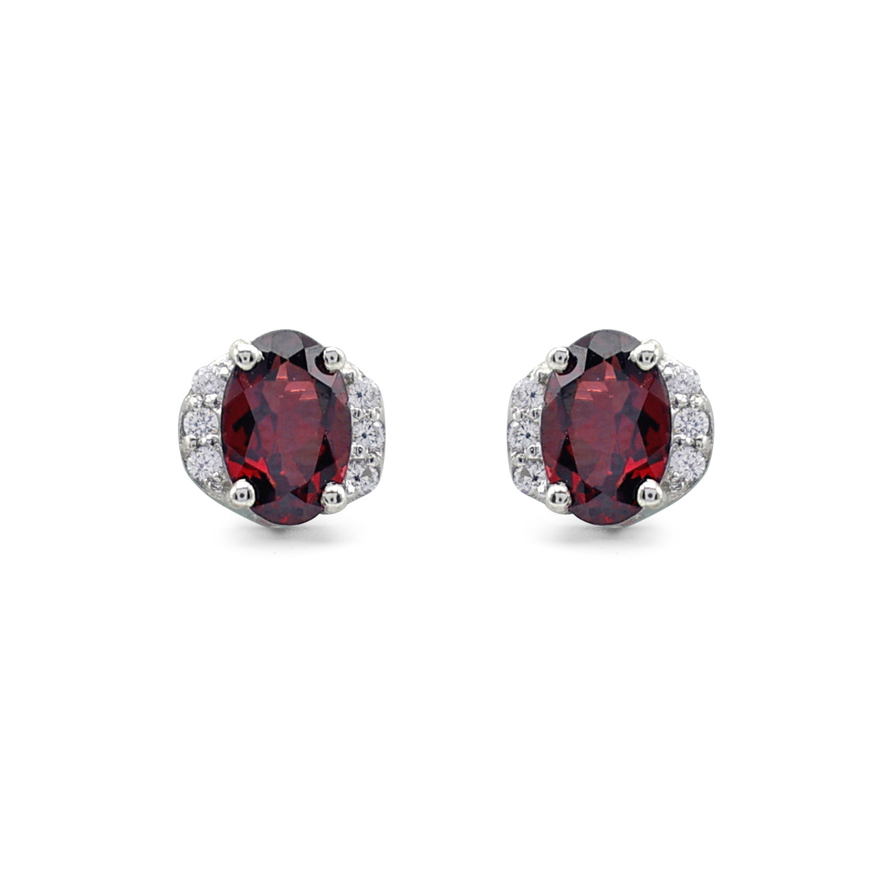 Elegant Oval Garnet Stud Earrings with CZ Side Accents in 925 Sterling Silver