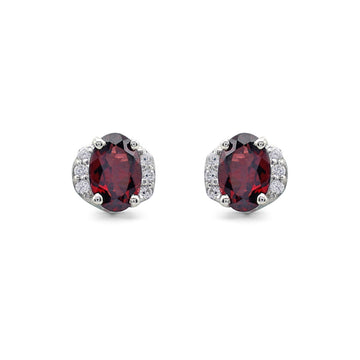 Elegant Oval Garnet Stud Earrings with CZ Side Accents in 925 Sterling Silver