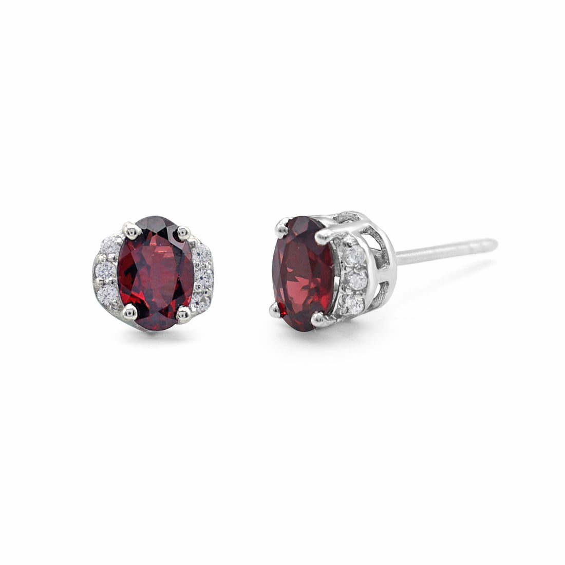 Elegant Oval Garnet Stud Earrings with CZ Side Accents in 925 Sterling Silver