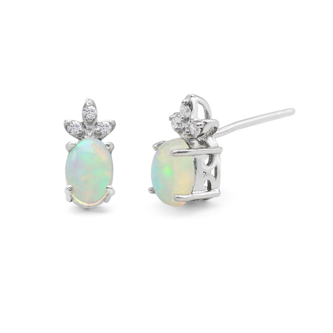 Mystical Oval Opal & CZ Crown Stud Earrings in 925 Sterling Silver