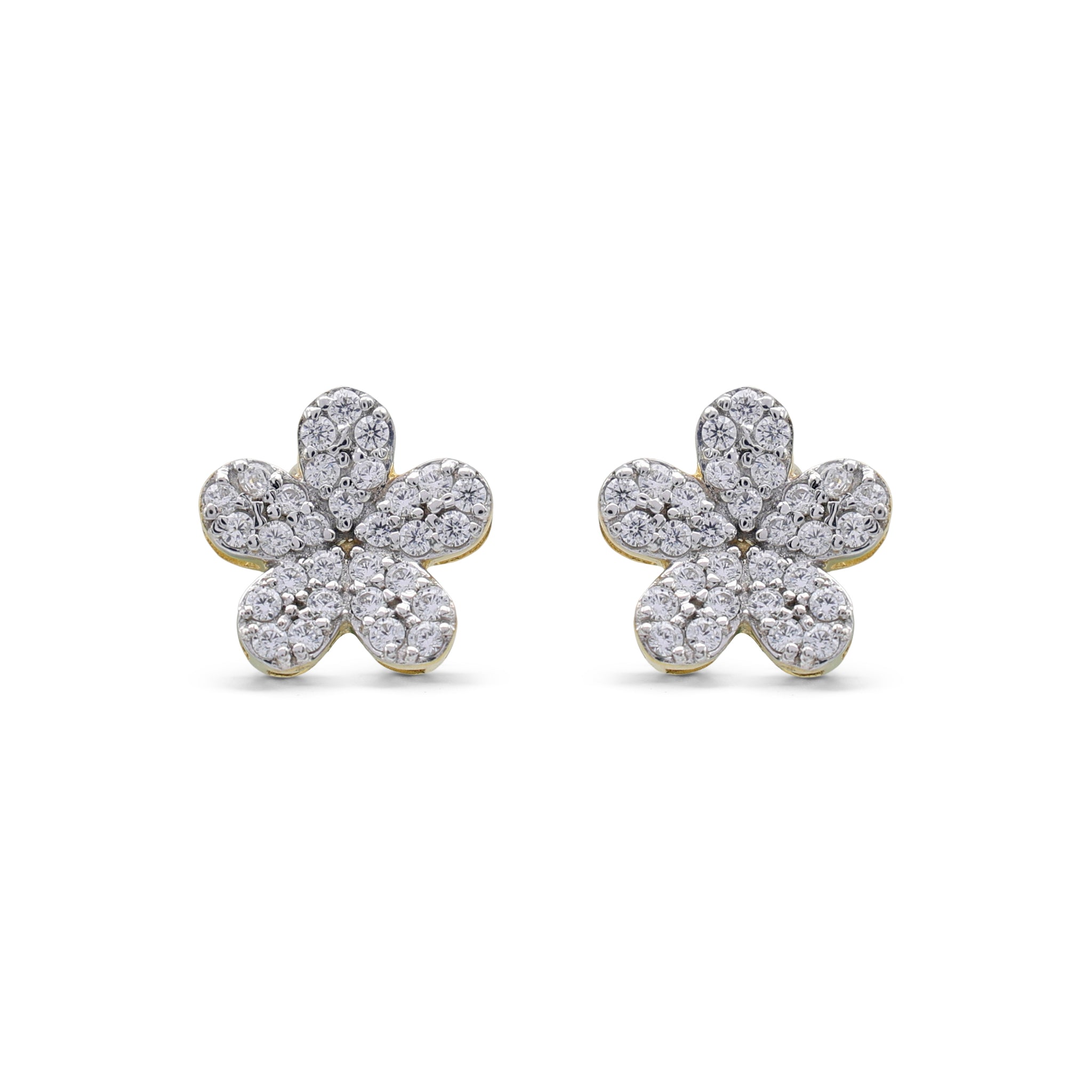 Sparkling Pavé Cubic Zirconia Flower Stud Earrings in Two-Tone 925 Sterling Silver