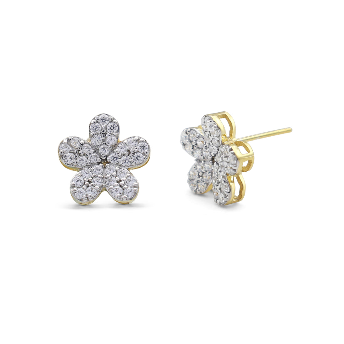 Sparkling Pavé Cubic Zirconia Flower Stud Earrings in Two-Tone 925 Sterling Silver