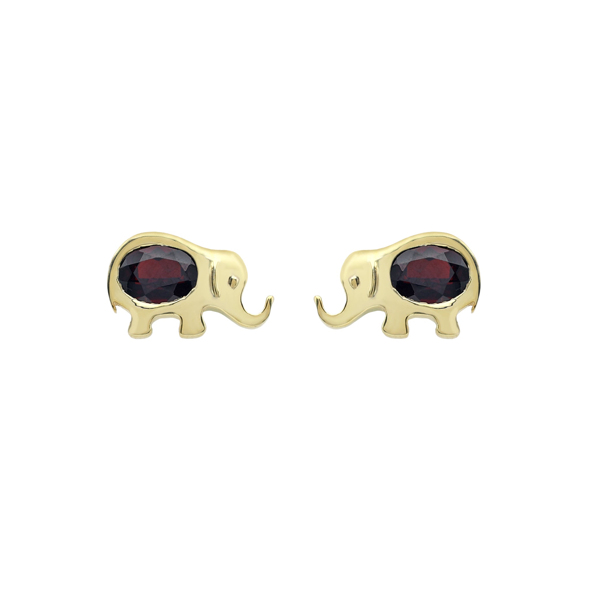 Charming Elephant Stud Earrings with Oval Garnet in Gold Finish 925 Sterling Silver