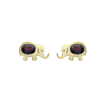 Charming Elephant Stud Earrings with Oval Garnet in Gold Finish 925 Sterling Silver