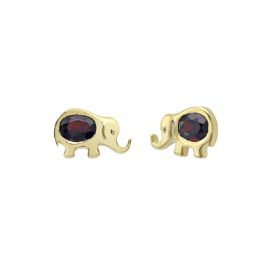 Charming Elephant Stud Earrings with Oval Garnet in Gold Finish 925 Sterling Silver
