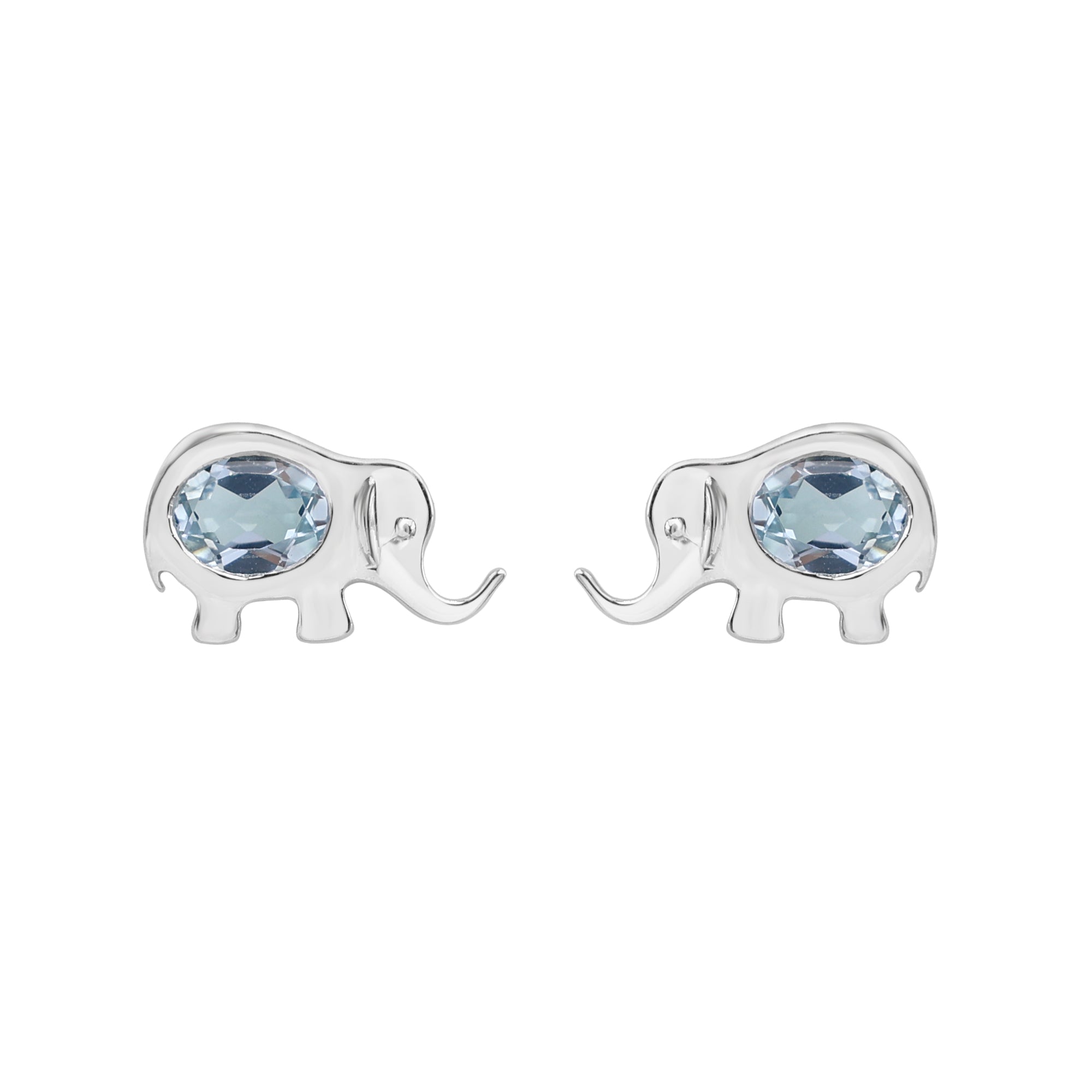 Charming Elephant Stud Earrings with Oval Blue Topaz in 925 Sterling Silver