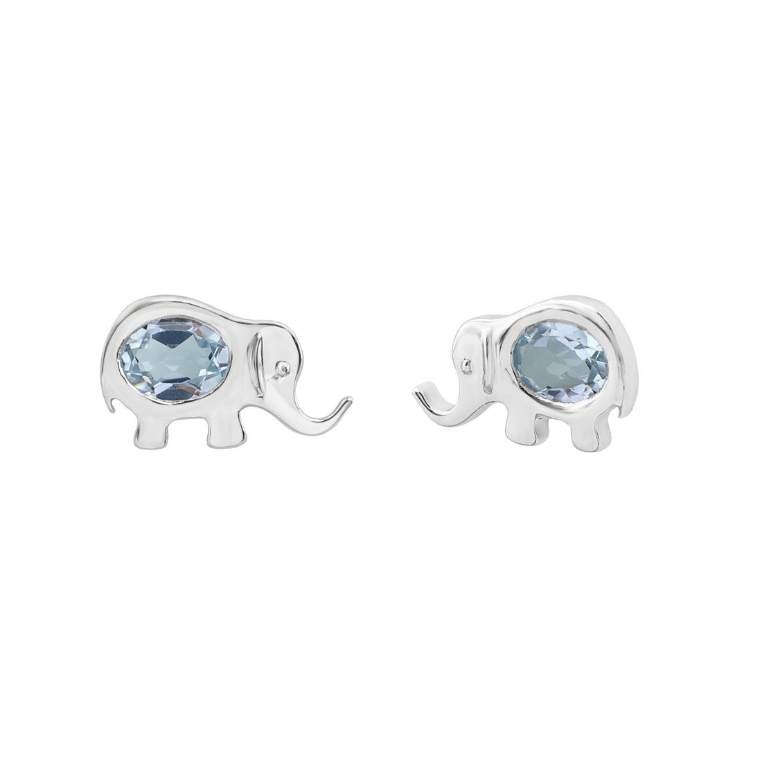 Charming Elephant Stud Earrings with Oval Blue Topaz in 925 Sterling Silver