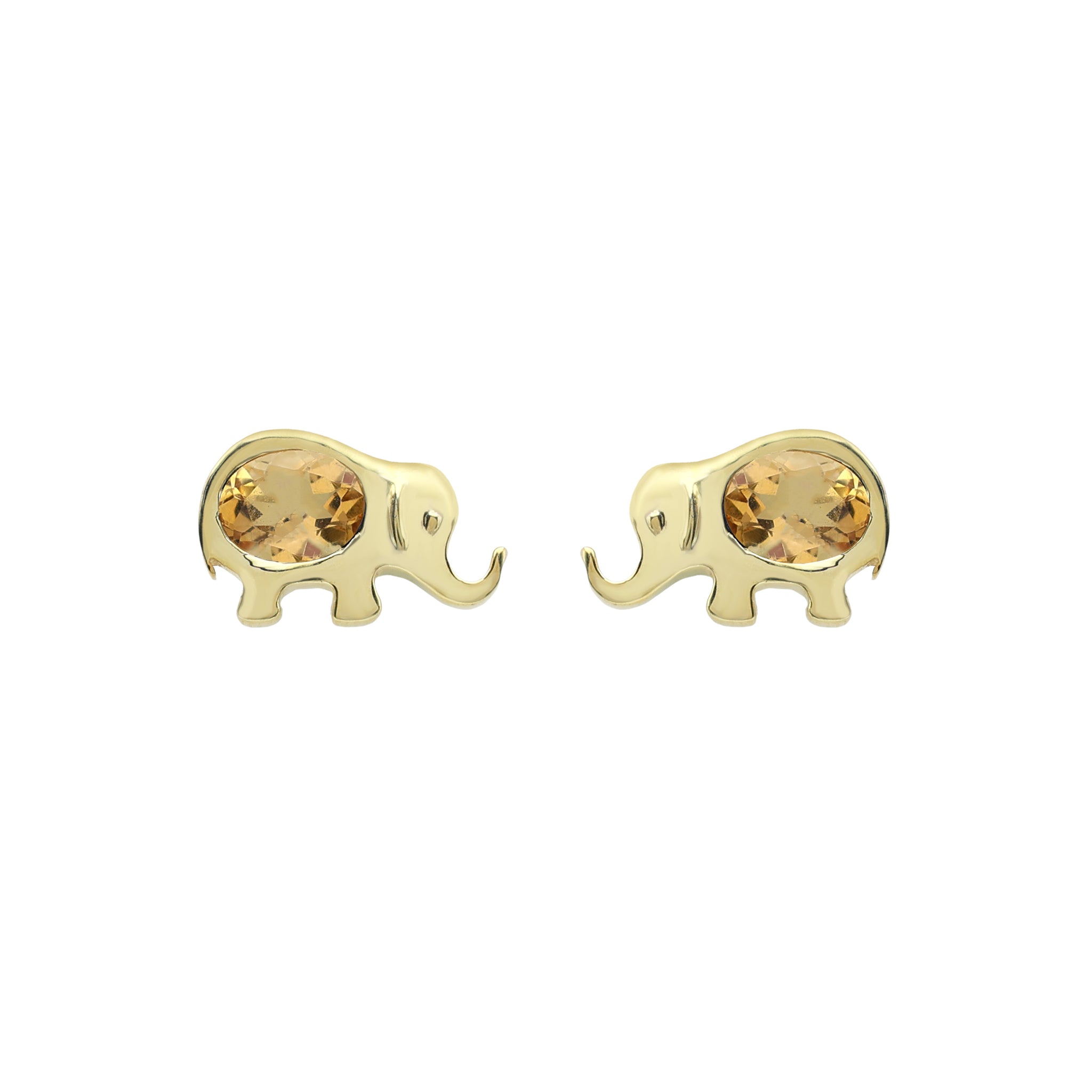 Charming Elephant Stud Earrings with Oval Citrine in Gold Finish 925 Sterling Silver
