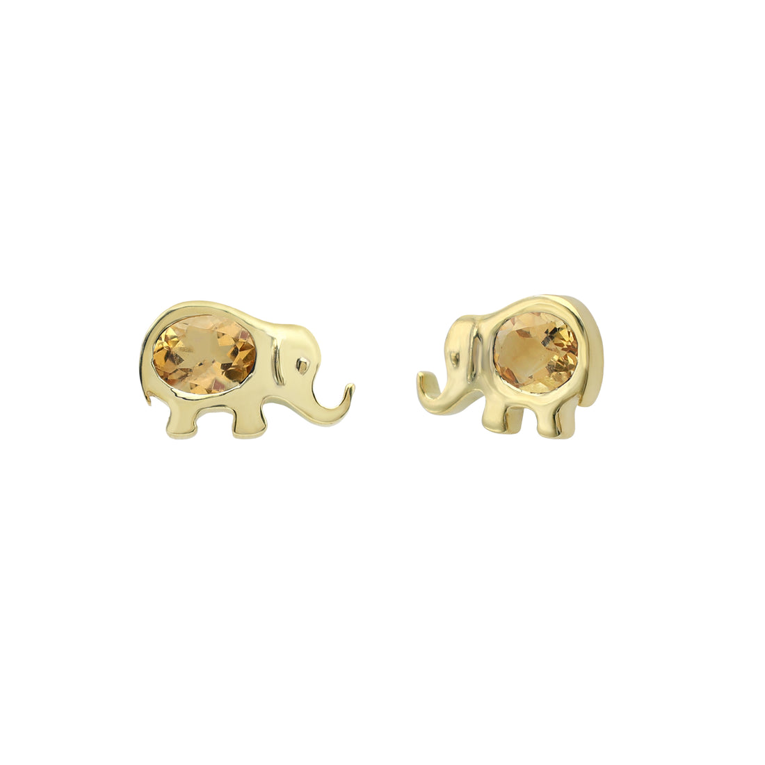 Charming Elephant Stud Earrings with Oval Citrine in Gold Finish 925 Sterling Silver