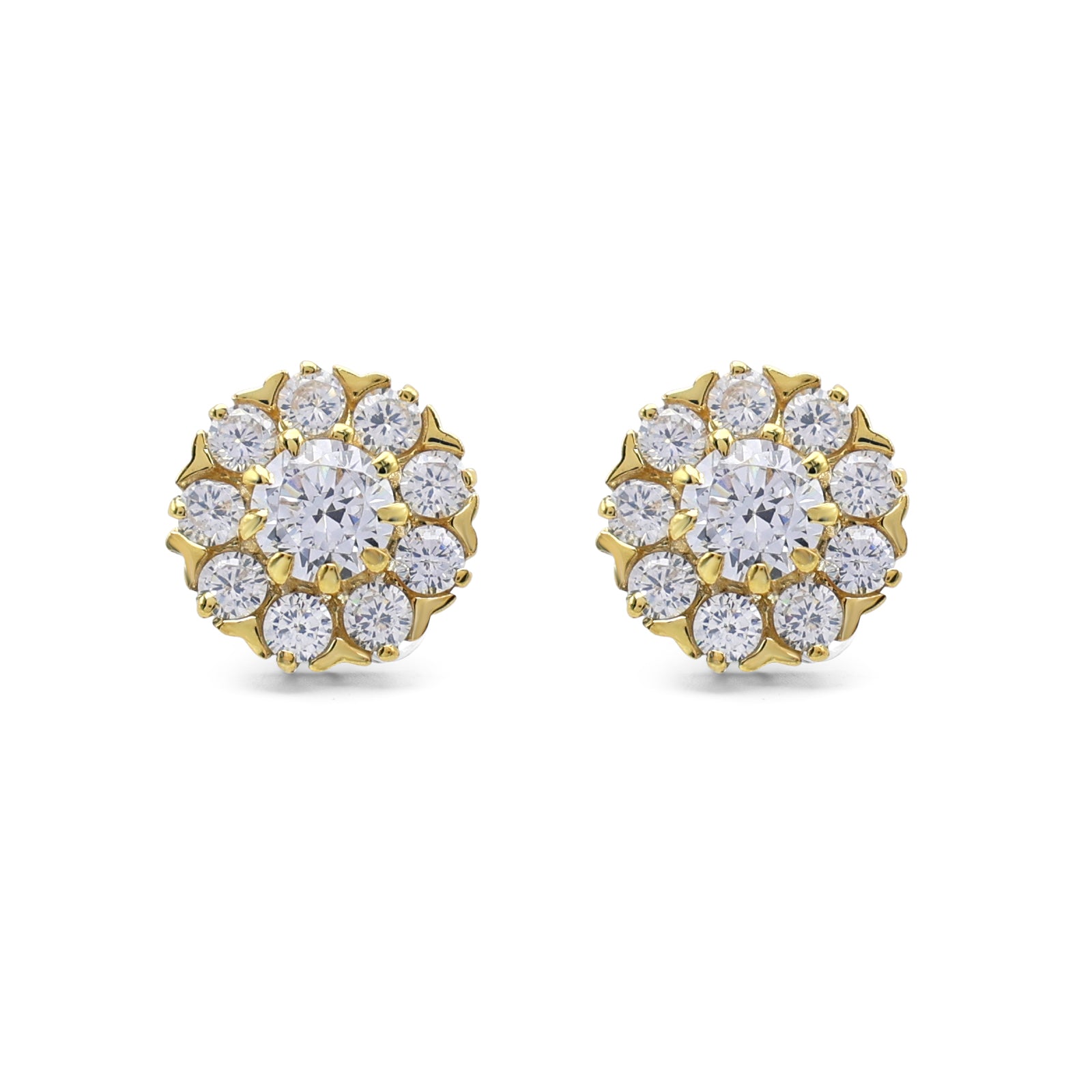 Pair of gold and diamond earrings on a white background