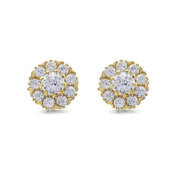 Pair of gold and diamond earrings on a white background