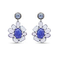Pair of earrings with blue gemstones and white stones on a white background