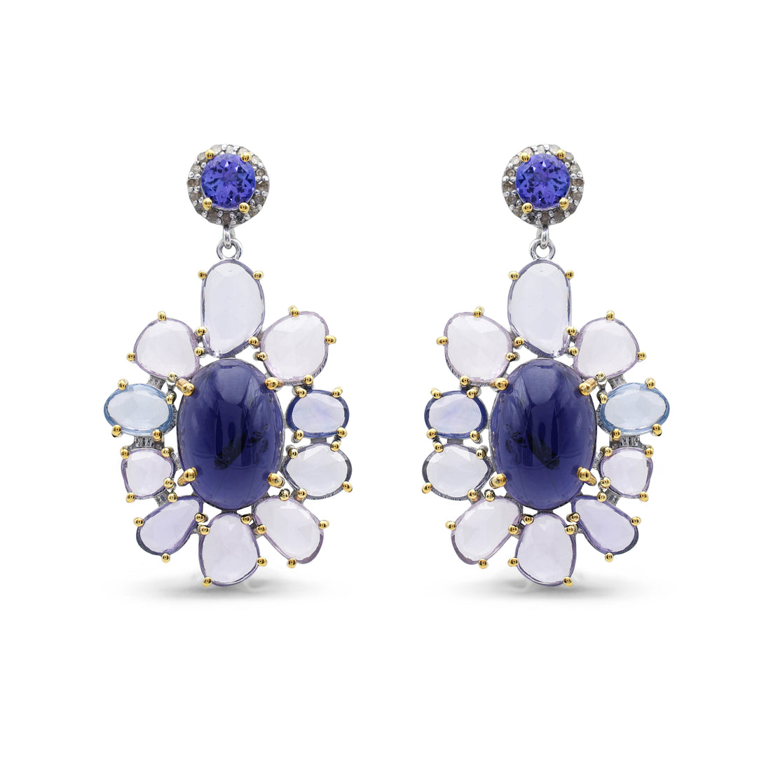 Couture-Style Iolite, Tanzanite & Multi-Sapphire Drop Earrings with Diamond Halo in Two-Tone Sterling Silver