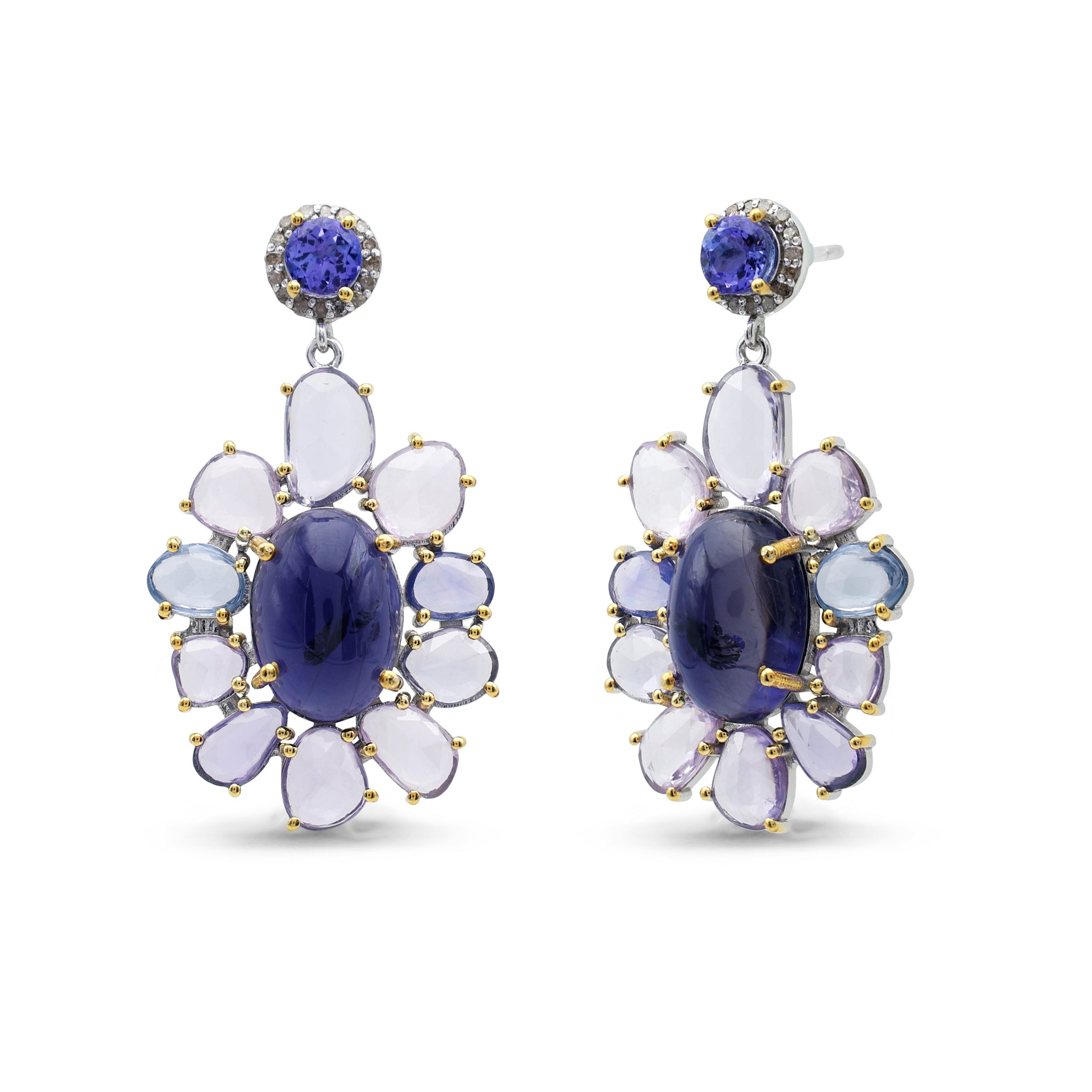 Couture-Style Iolite, Tanzanite & Multi-Sapphire Drop Earrings with Diamond Halo in Two-Tone Sterling Silver