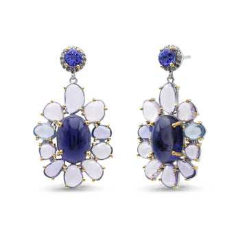 Couture-Style Iolite, Tanzanite & Multi-Sapphire Drop Earrings with Diamond Halo in Two-Tone Sterling Silver