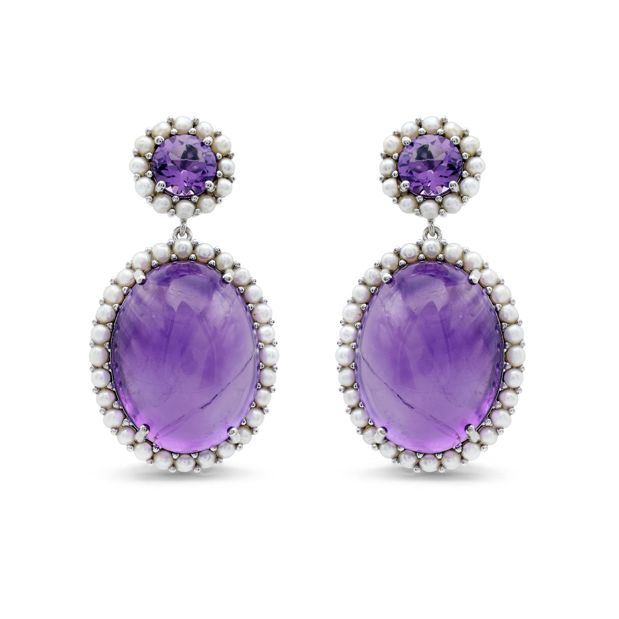 Vintage-Style Amethyst & Freshwater Pearl Halo Drop Earrings in 925 Sterling Silver