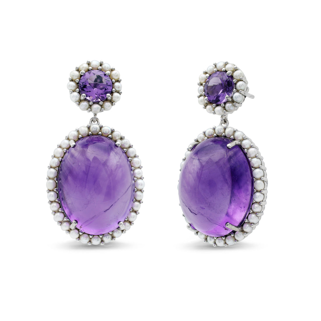 Vintage-Style Amethyst & Freshwater Pearl Halo Drop Earrings in 925 Sterling Silver