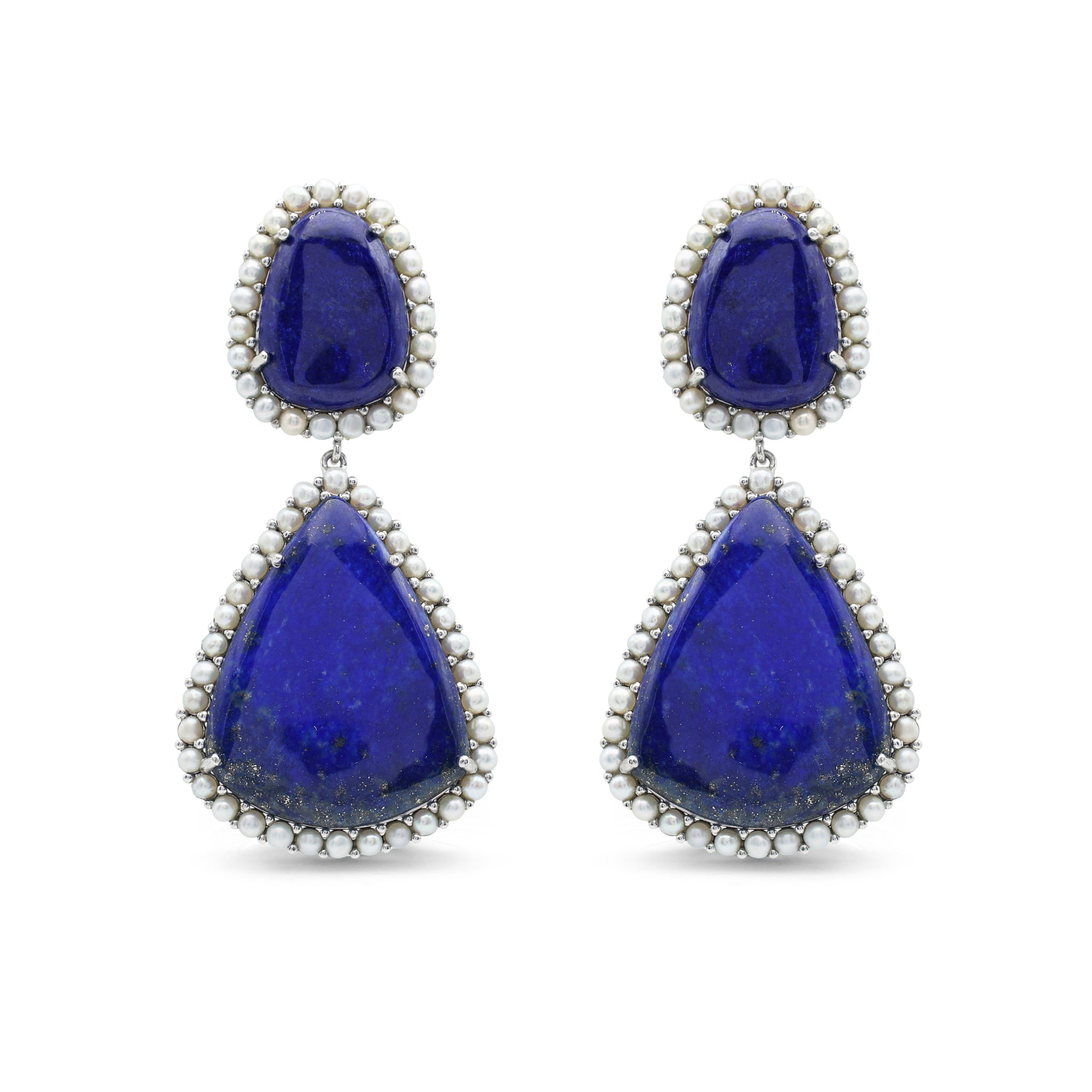 Vintage-Style Lapis Lazuli & Freshwater Pearl Halo Drop Earrings in 925 Sterling Silver