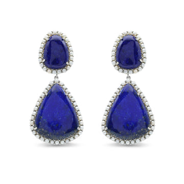 Vintage-Style Lapis Lazuli & Freshwater Pearl Halo Drop Earrings in 925 Sterling Silver