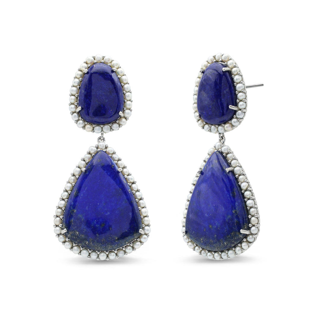 Vintage-Style Lapis Lazuli & Freshwater Pearl Halo Drop Earrings in 925 Sterling Silver