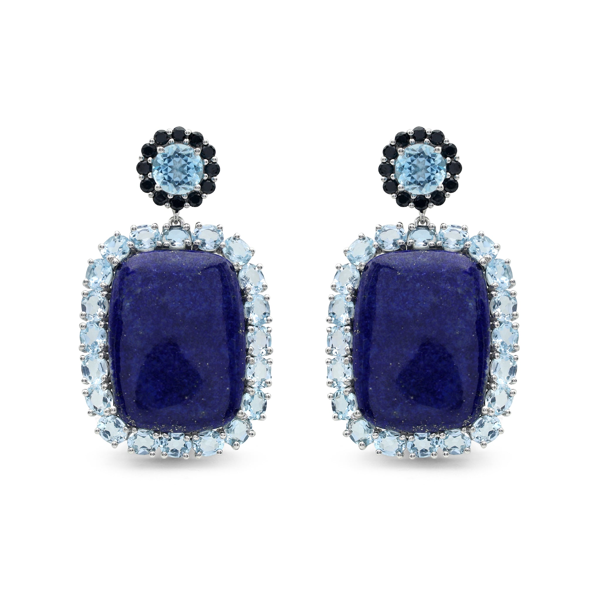 Statement Lapis Lazuli & Blue Topaz Halo Drop Earrings with Black Spinel in Sterling Silver