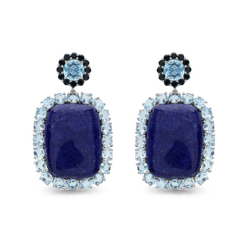 Statement Lapis Lazuli & Blue Topaz Halo Drop Earrings with Black Spinel in Sterling Silver