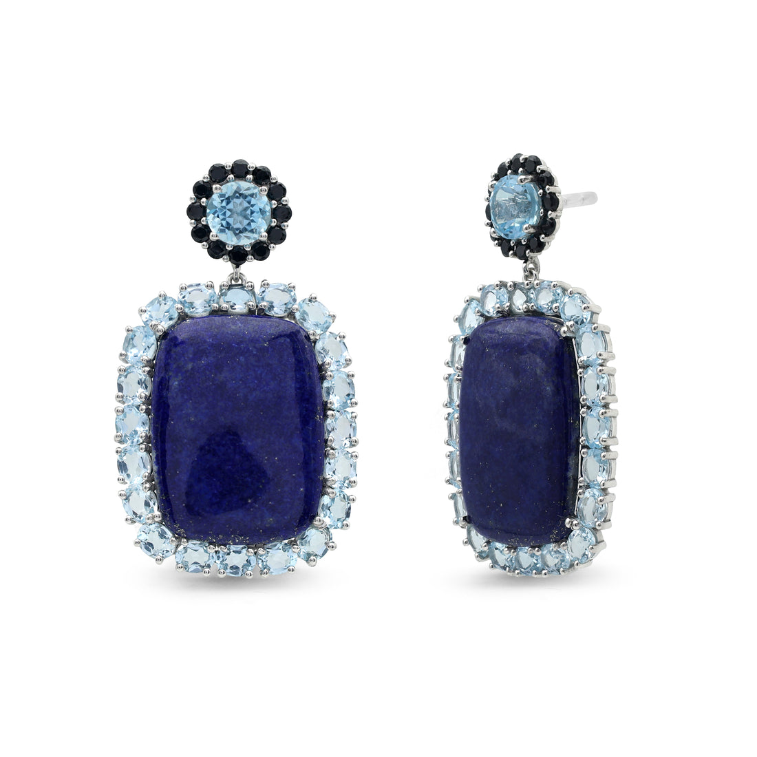 Statement Lapis Lazuli & Blue Topaz Halo Drop Earrings with Black Spinel in Sterling Silver