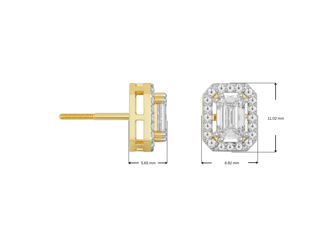 Gold and diamond earring with measurements on a white background