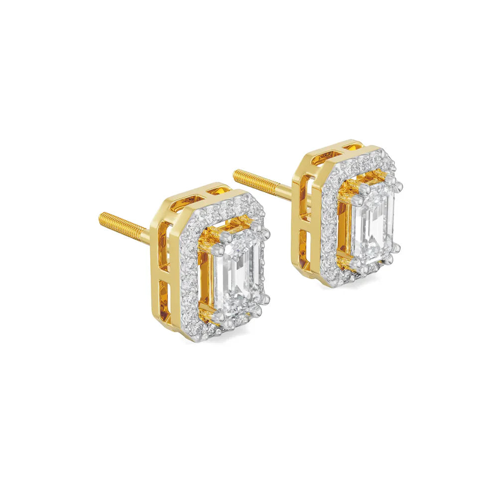 Gold emerald-cut earrings with diamond accents on a white background