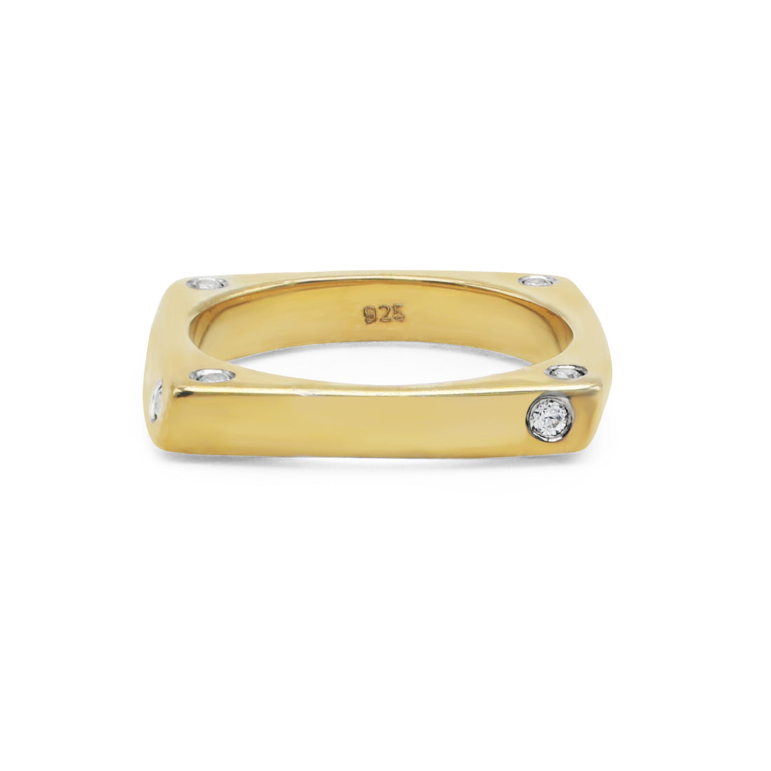 Bold Geometric Ring with Flush-Set Cubic Zirconia in Gold Finish 925 Sterling Silver