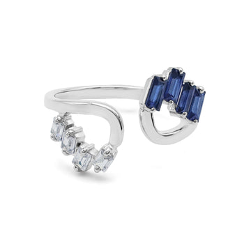 Modern Geometric Open Ring with Laboratory-Grown Blue Sapphire & Baguette CZ in 925 Sterling Silver