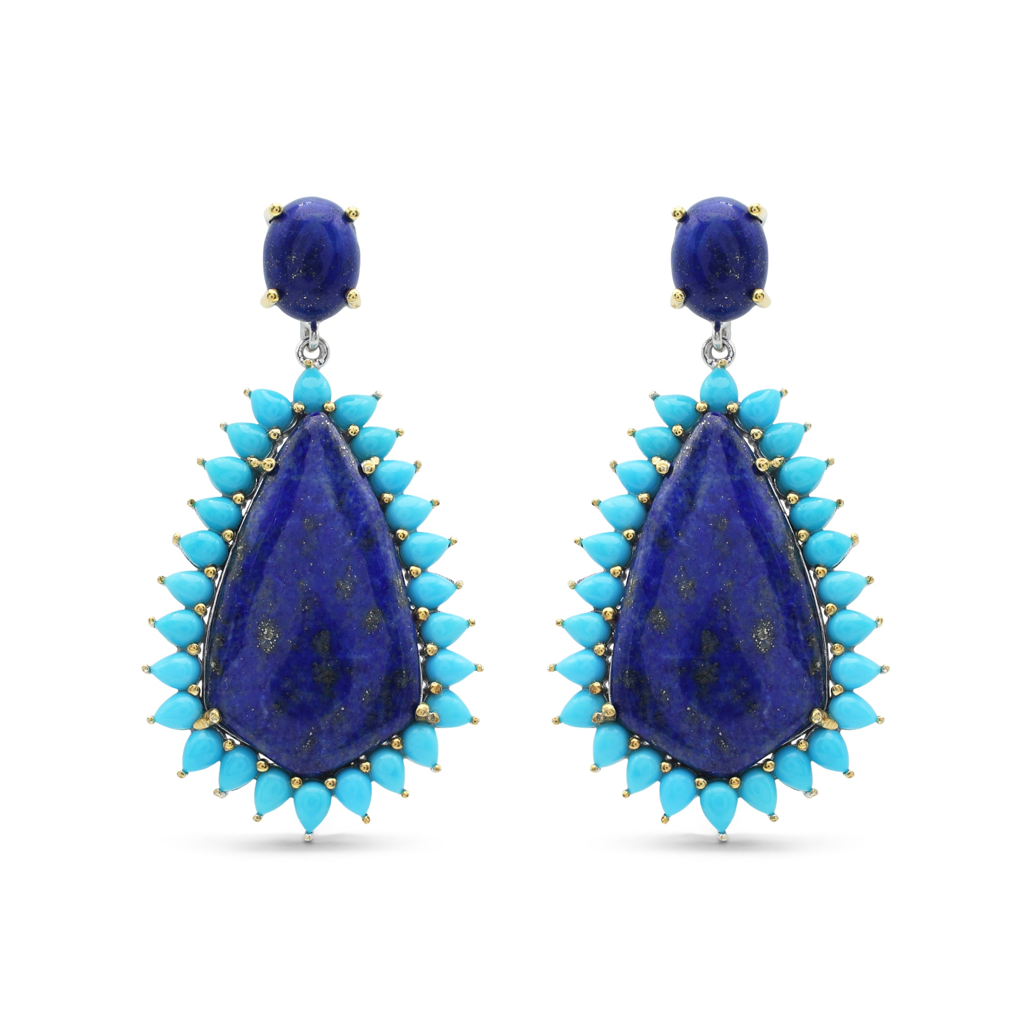 Statement Lapis Lazuli & Turquoise Sunburst Halo Drop Earrings in Two-Tone 925 Sterling Silver