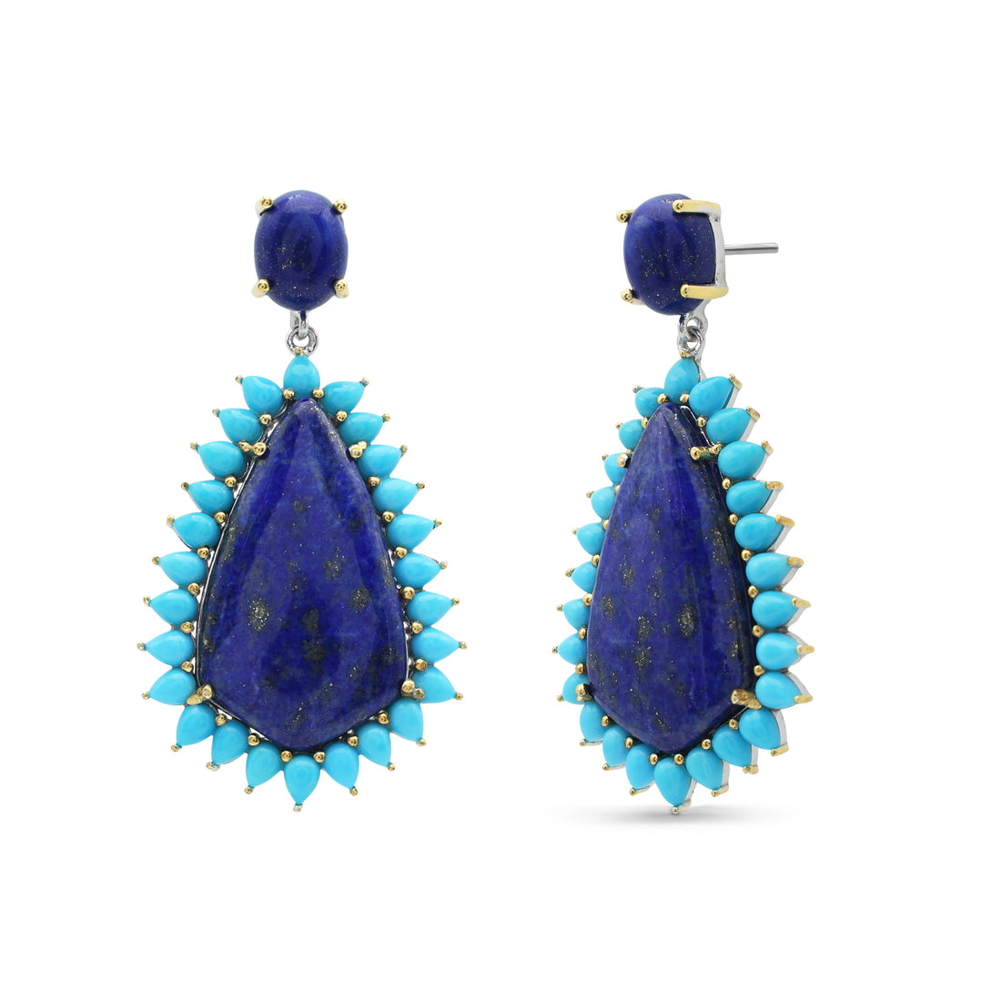 Statement Lapis Lazuli & Turquoise Sunburst Halo Drop Earrings in Two-Tone 925 Sterling Silver